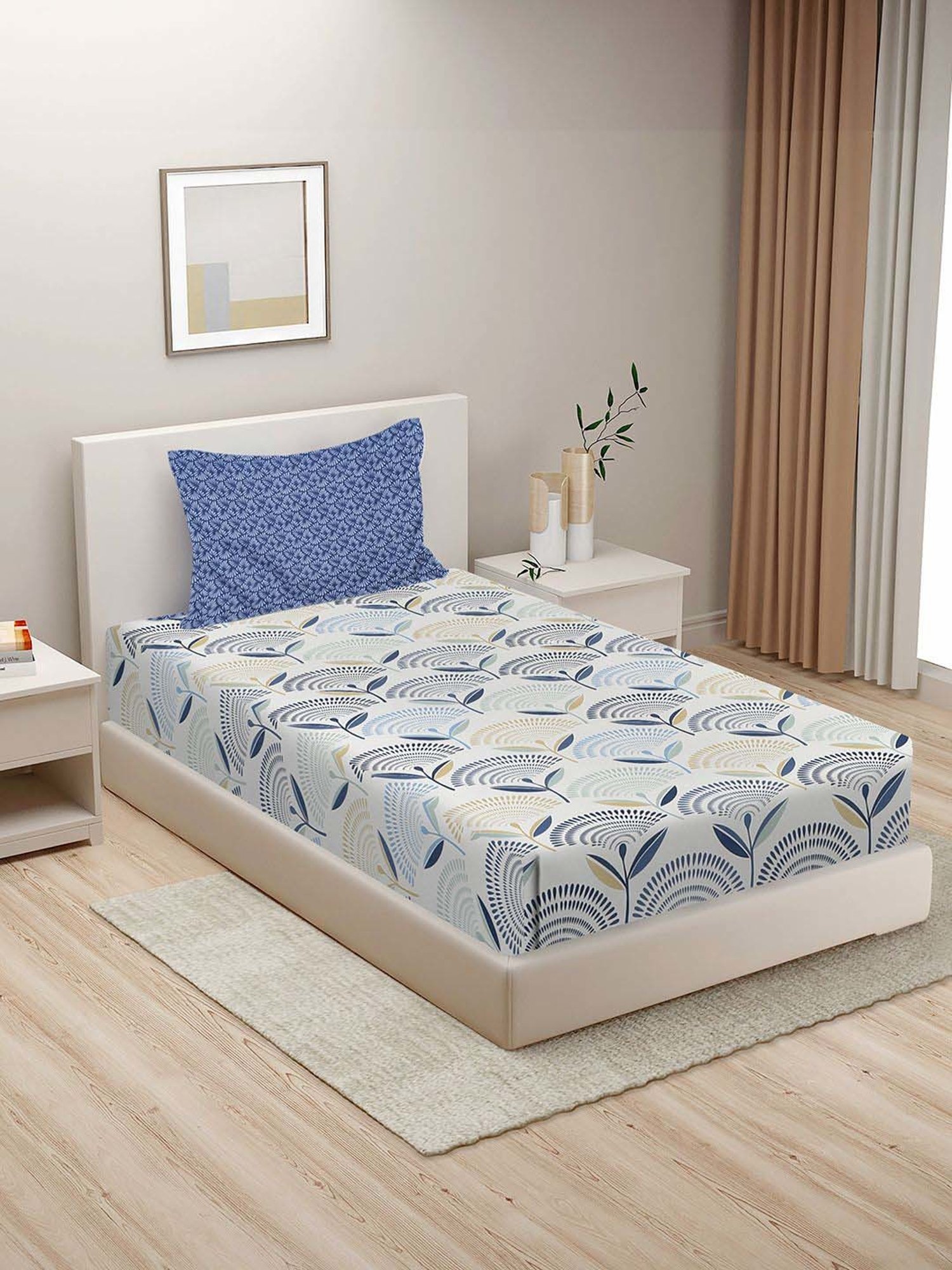 HOSTA HOMES White & Blue Cotton 280 TC Single Bedsheet with 1 Pillow cover