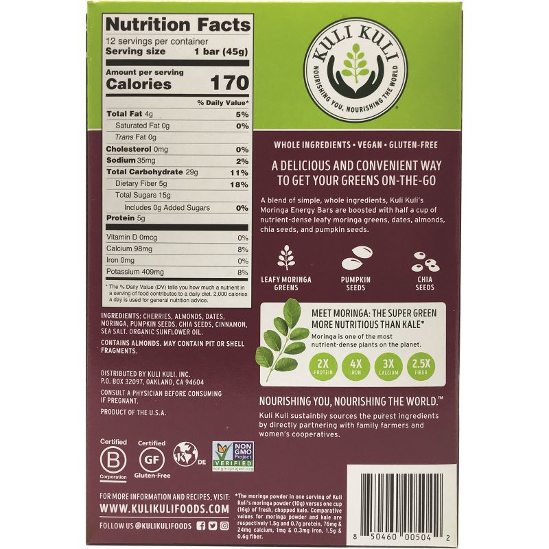 Kuli Kuli Moringa Energy Vegan Bar - Black Cherry - 12pk