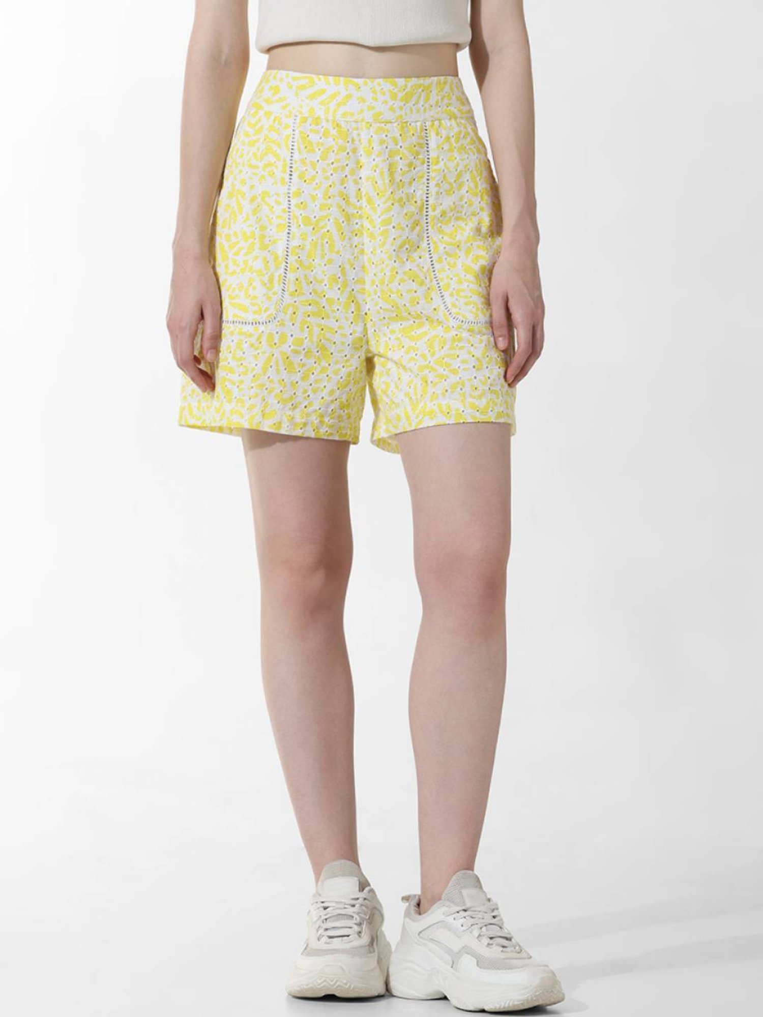 Only Yellow and White Cotton Self Design High rise Shorts