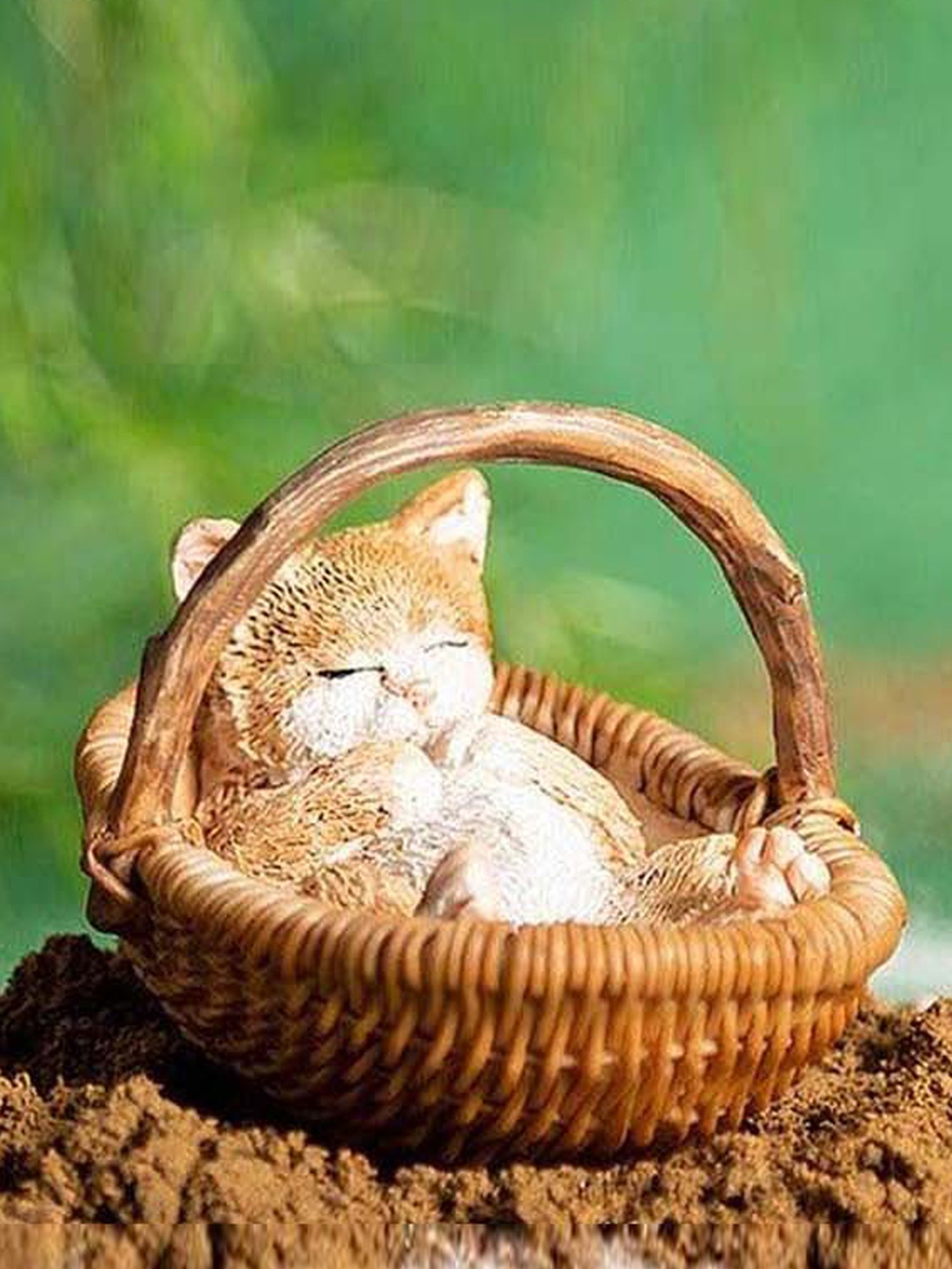 Home4U Light Brown Polyresin 6.4 cm Little Cat In Basket Showpiece - Set of 1
