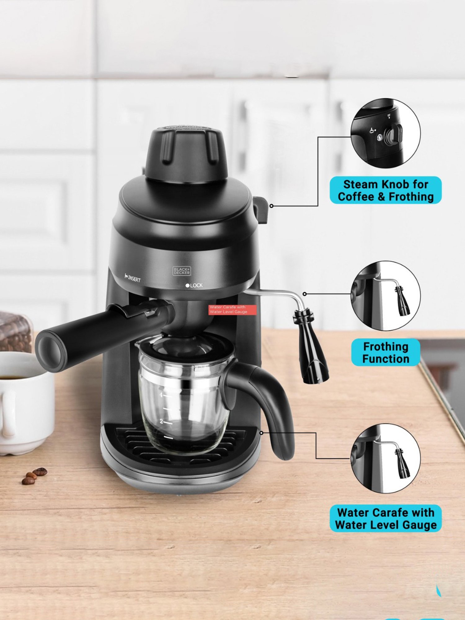 BLACK+DECKER BXCM0401IN Coffee Maker 870W with Espresso and Cappuccino (Black)