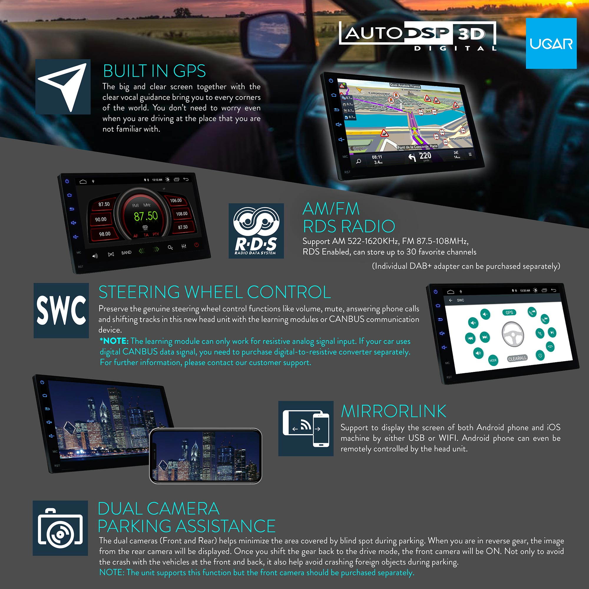 UGAR 10" EX10-L-DSP Universal Car Stereo with Front and Backup Camera 2GB 16GB Android 10.0 DSP Head Unit Double Din Touch Radio Auto Car Audio Indash GPS Navigation with Bluetooth WiFi Mirroring