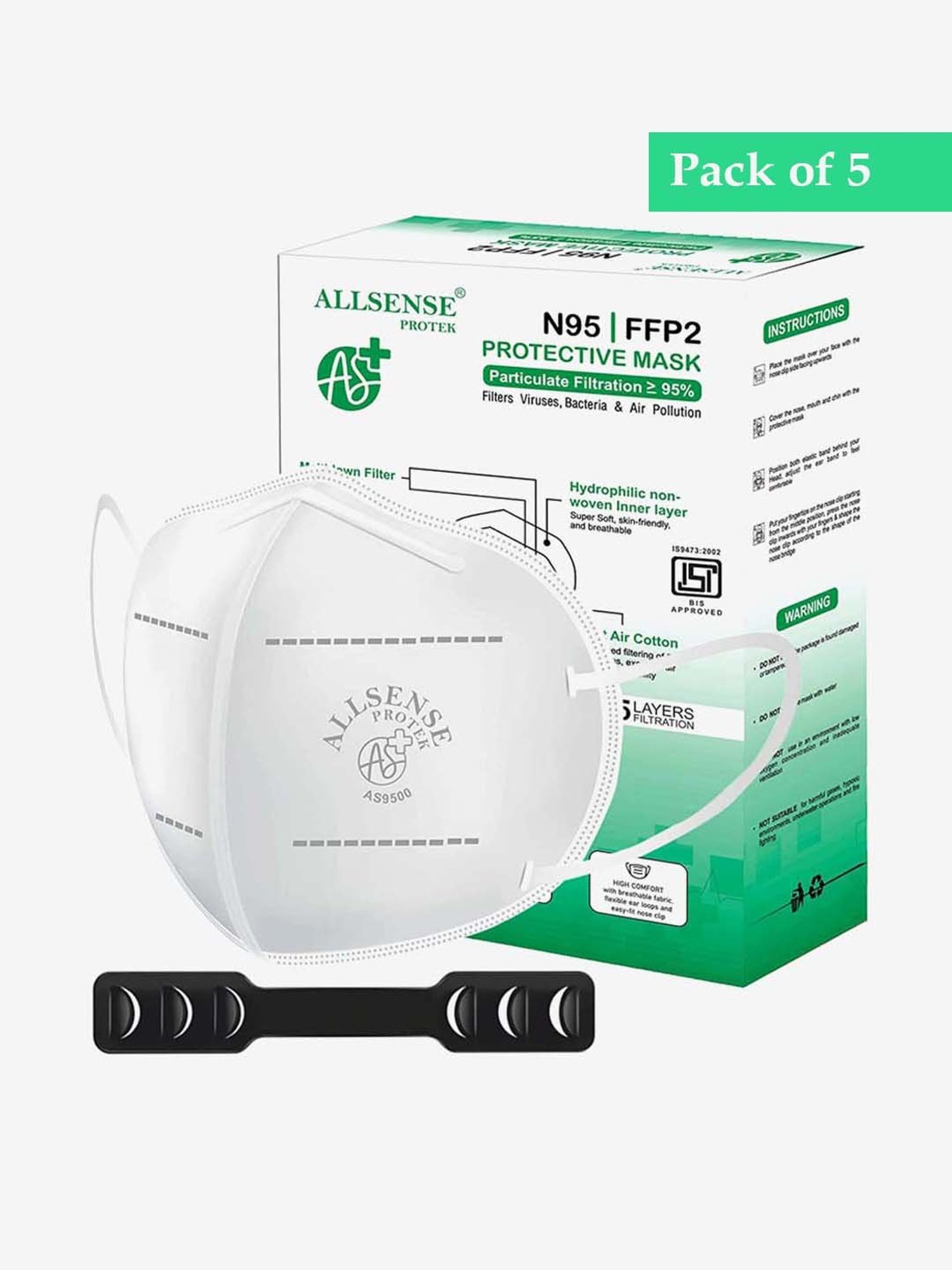 Allsense N95 FFP2 5 Layer Anti Pollution Face Mask with Ear Loop - Pack of 5 (White)