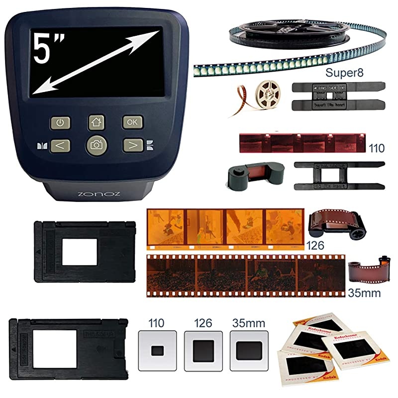 FS-Five Digital Film & Slide Scanner - Converts 35mm, 126, 110, Super 8 & 8mm Film Negatives & Slides to JPEG - Includes Large Bright 5-Inch LCD, Easy-Load Film Inserts Adapters