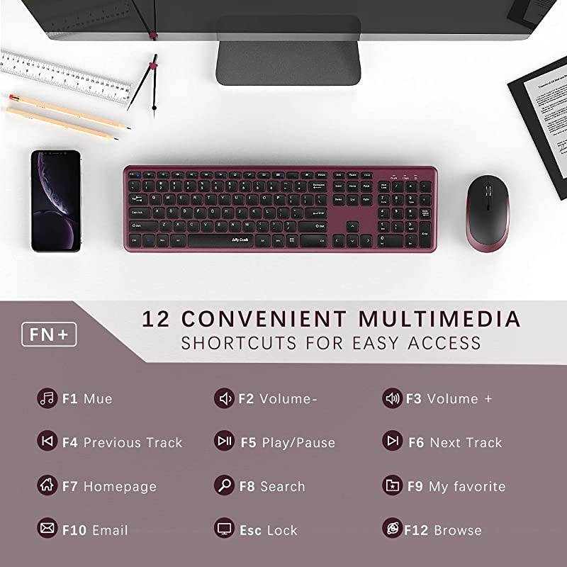Wireless Keyboard and Mouse,  2.4GHz Ultra Thin Full Size Wireless Keyboard Mouse Combo Set with Number Pad for Computer, Laptop, PC, Desktop, Notebook, Windows 7, 8, 10-(Wine Red and Black)
