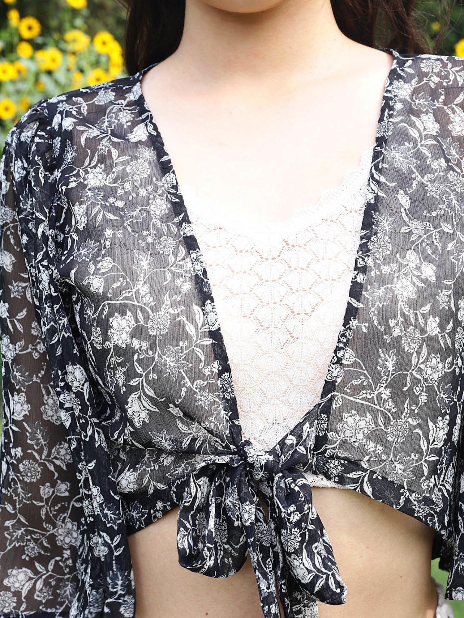 Sera Black Floral Print Crop Shrug With Shorts