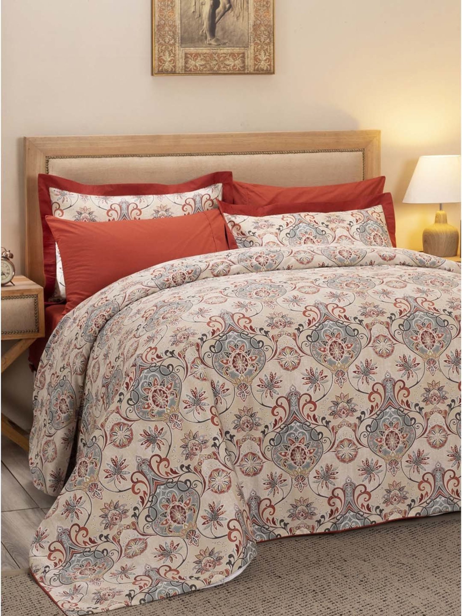 Maspar Hues Nouveau Tradition Lawn Rerun Red Cotton 300 TC King Duvet Cover & 2 Pillow Covers