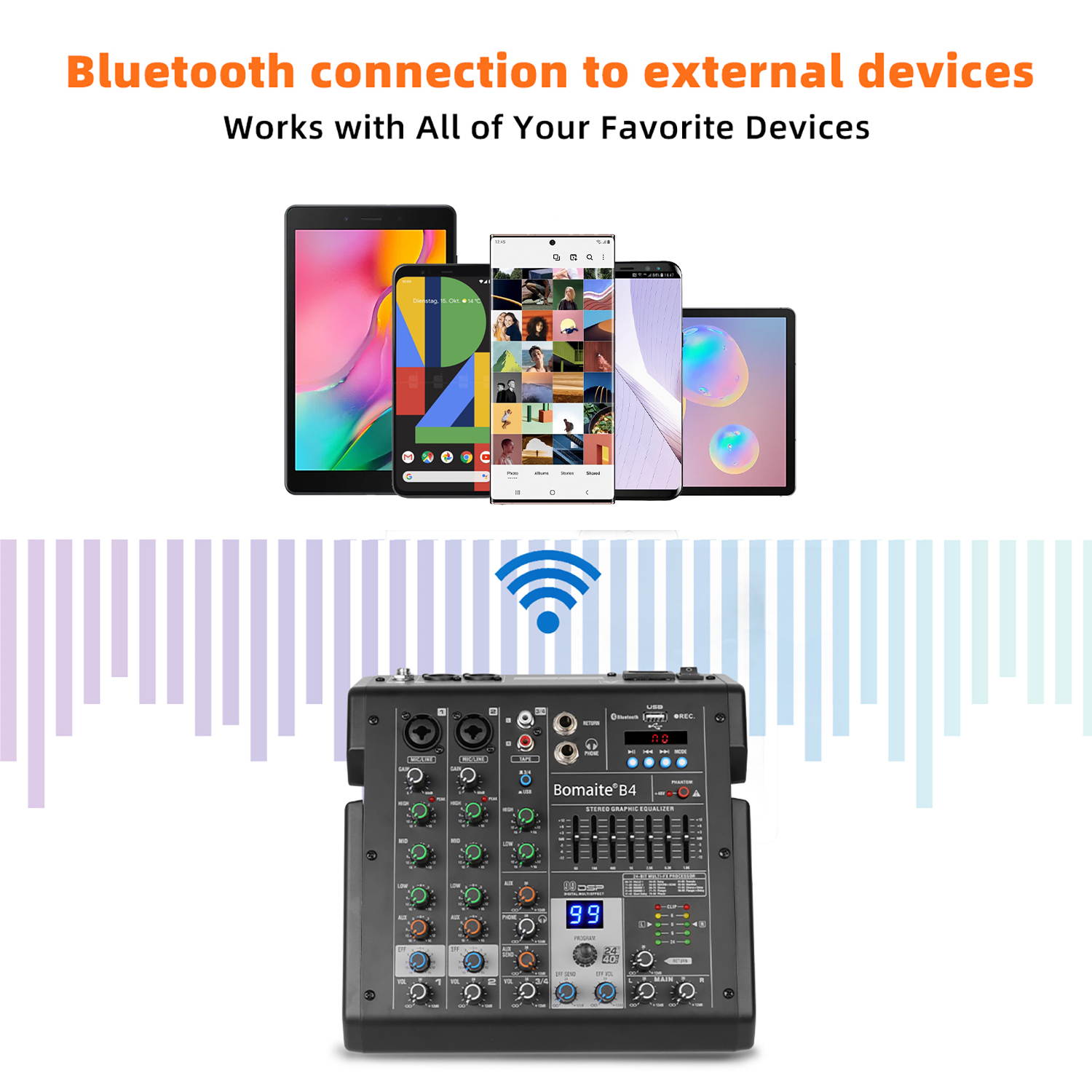 Bomaite B4 Portable 4-Channel Mixing Console Mixer 7-band EQ Built-in 48V Phantom Power Supports BT Connection USB MP3 Player for Computer Recording, Bands