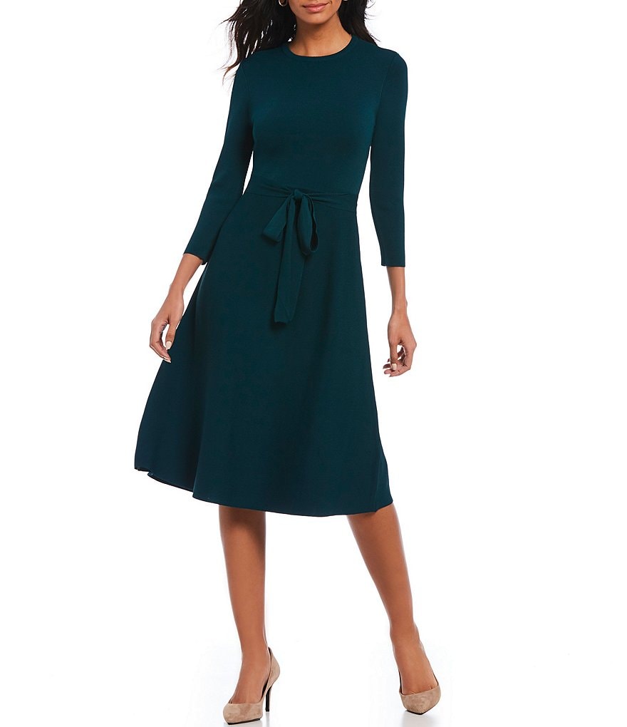 Eliza J 3/4 Sleeve Crew Neck Tie Waist Midi Sweater Knit A-Line Dress