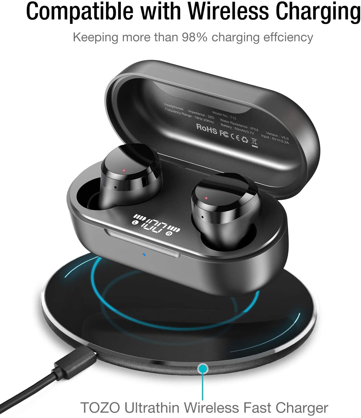 TOZO T12 Wireless Earbuds Bluetooth Headphones with Touch Control and Wireless Charging Case Digital Intelligence LED Display IPX8 Waterproof Earphones Built-in Mic Headset Deep Bass for Sport
