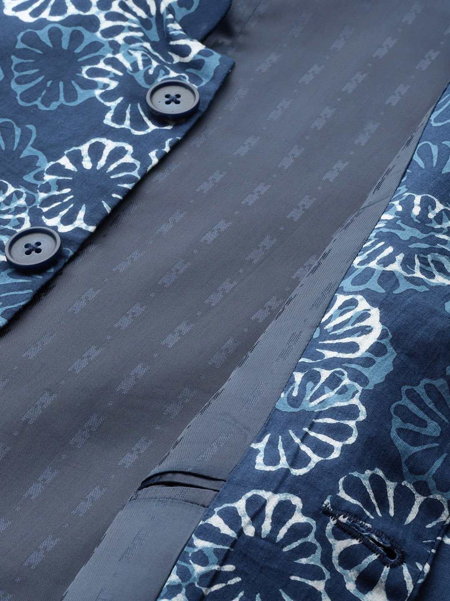 See Designs Blue Cotton Regular Fit Printed Nehru Jacket