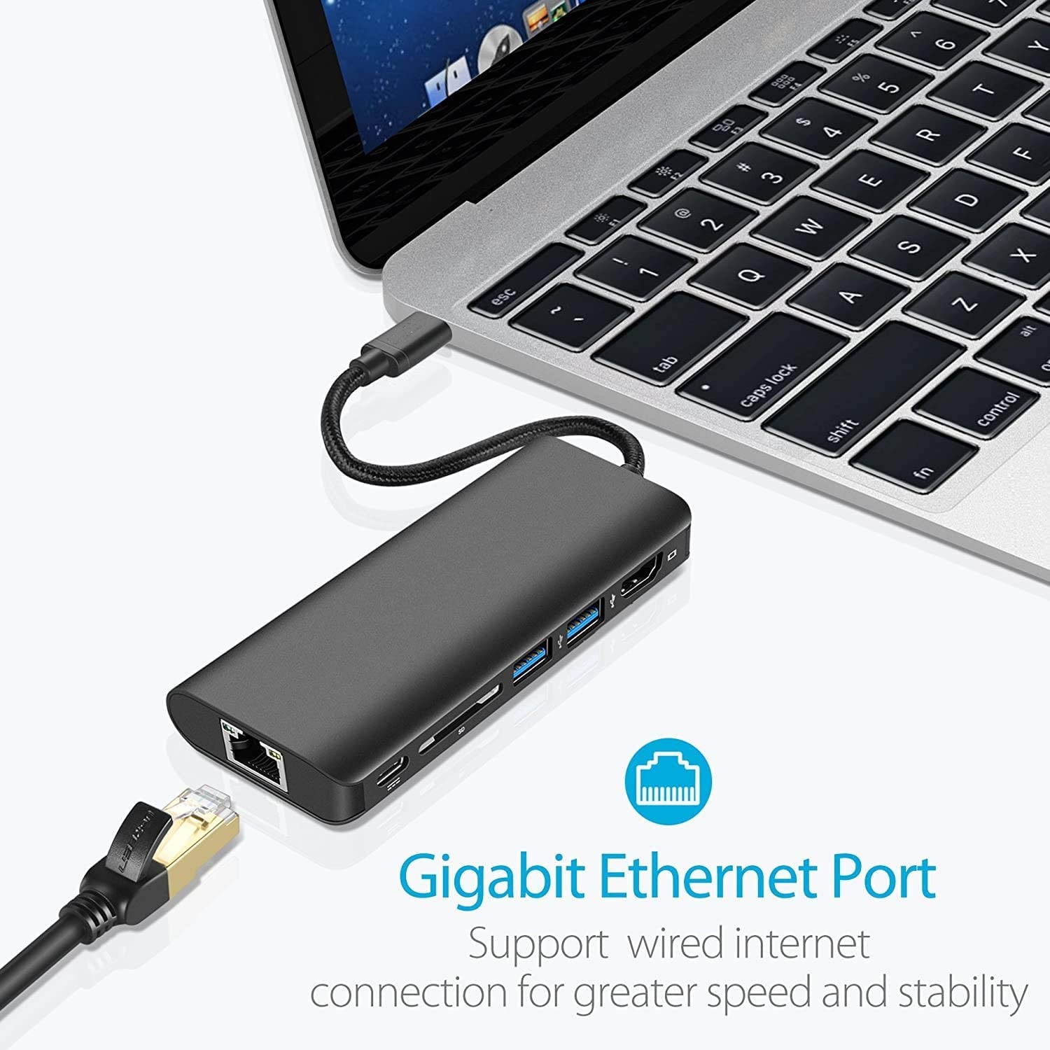 6-in-1 Type-C to 4K HDMI + 1000M LAN + SD + 2 x USB3.0 + 60W PD Adapter, Support 4K 30Hz UHD Video, Gigabit Ethernet, SD Card Reader, USB-C PD 60W Quick Charging and USB 3.0 Type-C Dongle USB C HUB.