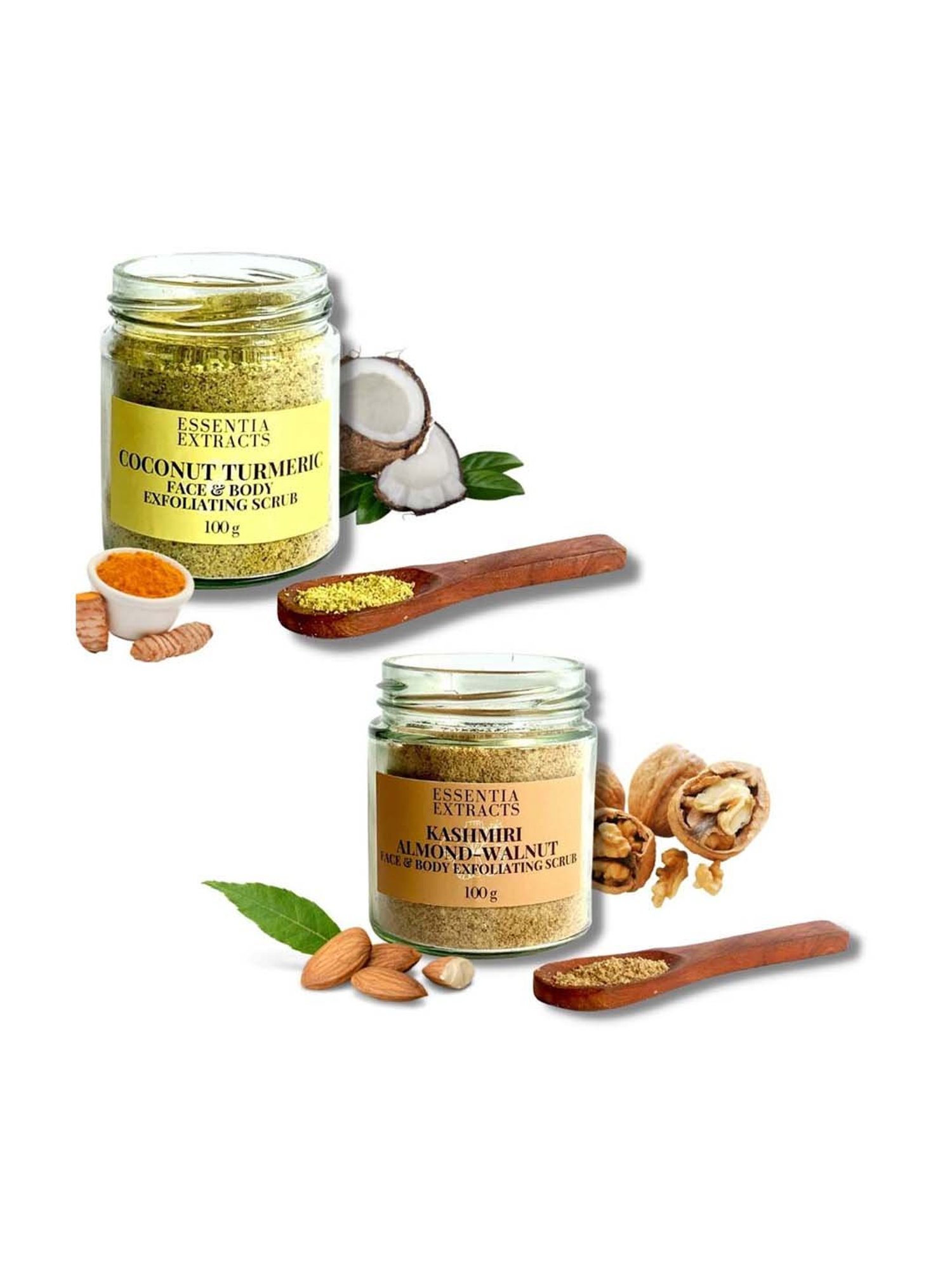 Essentia Extracts Combo of Kashmiri Almond Walnut & Coconut Turmeric Face & Body Scrubs