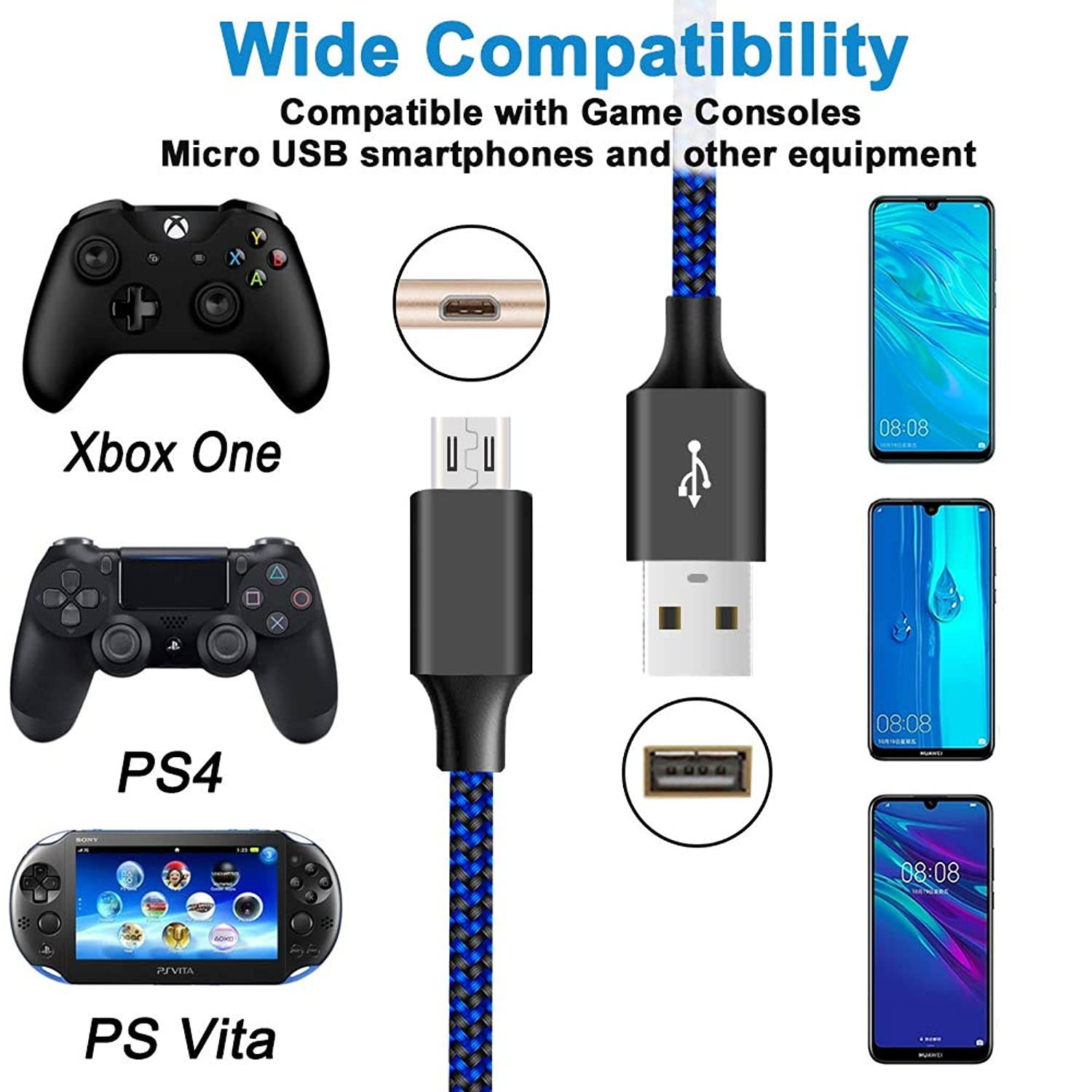Charger Cable for Xbox One Controller,PS4 Controller Charging Cord,Braided Micro USB Android Data Sync Cord for Xbox One S/X,Playstation 4,PS4 Slim/Pro,Dualshock 4,Samsung Galaxy S7 Edge/S6,Kindle,6FT