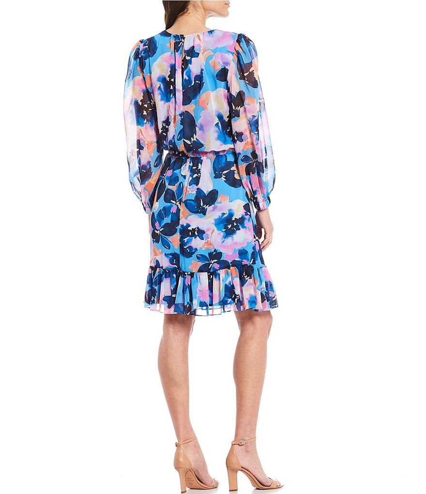 London Times Floric Clouds Printed Tie Long Sleeve Ruffle Dress