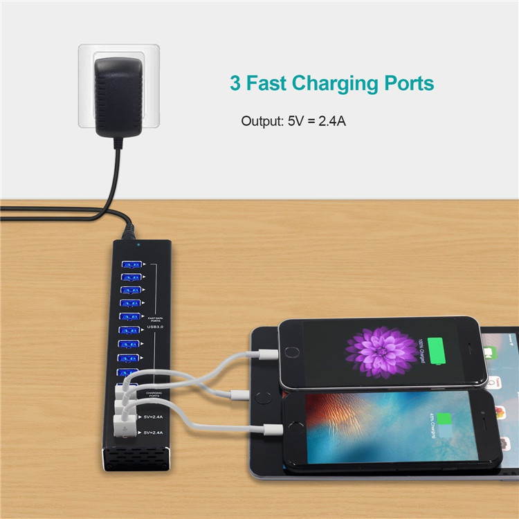 STANSTAR USB Hub, All Aluminum Alloy 13 Port Hub with 3 Port Smart Fast Charge Super High Speed USB3.0 Interface Plug and Play