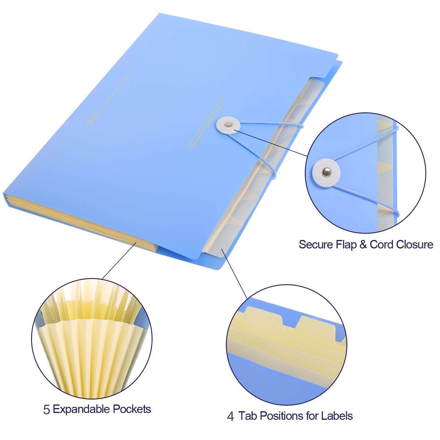 Skydue Expanding File Folders 5 Pockets Letter A4 Accordion Document Paper Organizer, Pack of 4