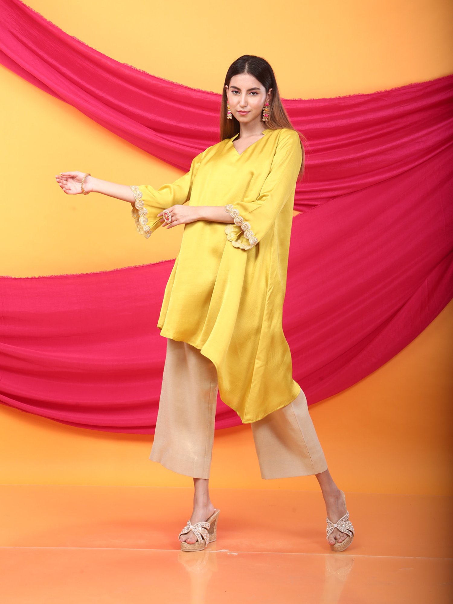 Monk & Mei Nusrat Assymetrical Kurta and Pant Co-ord Set-Canary Yellow and gold