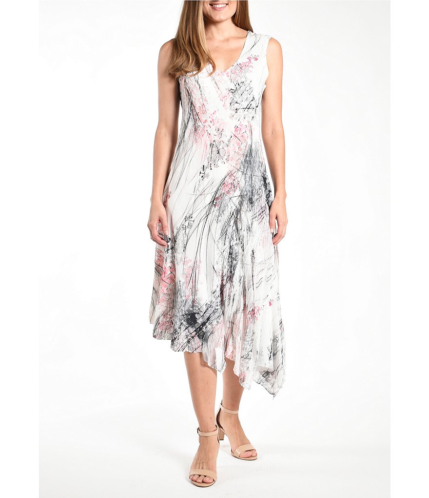 Komarov V-Neck Sleeveless Charmeuse Dress with Asymmetrical Hem