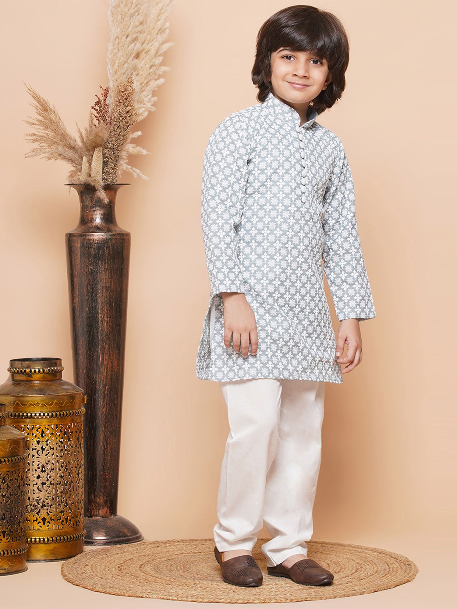 AJ Dezines Kids Grey & White Embroidered Full Sleeves Kurta with Pyjamas