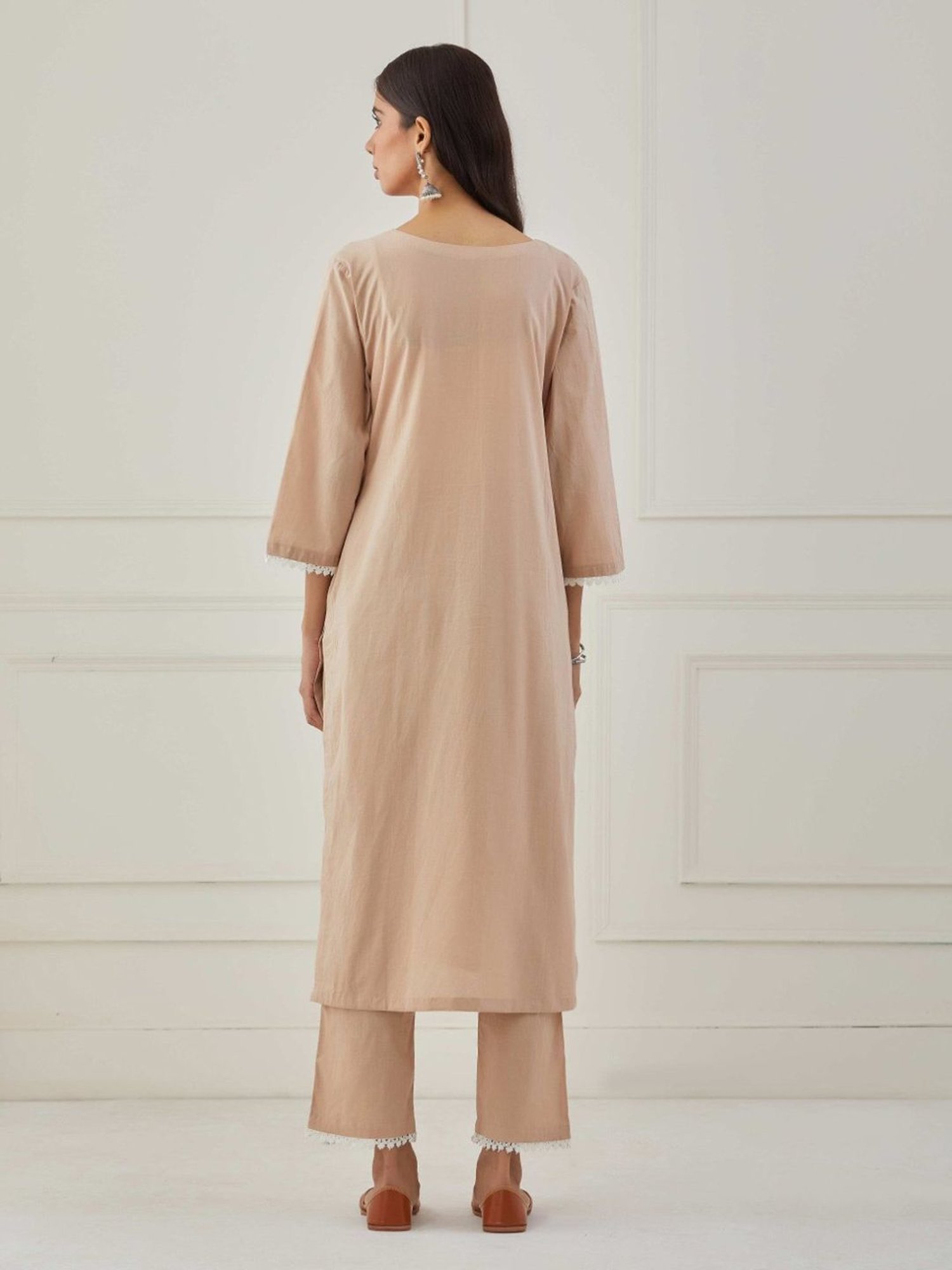 Priya Chaudhary Beige Sudha Embroidered Cotton Kurta with Pants and Kota Cotton Dupatta