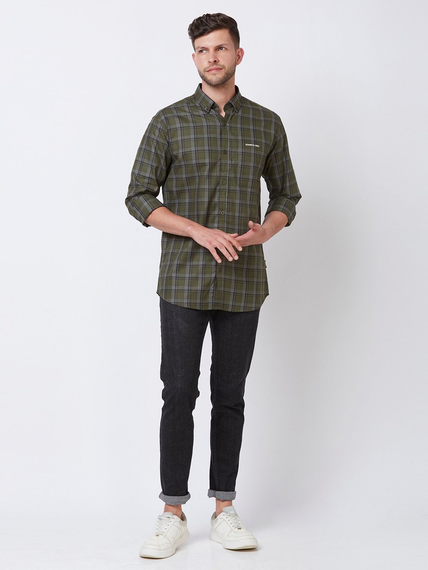 Kenneth Cole New York Dark Green Slim Fit Check Cotton Shirt