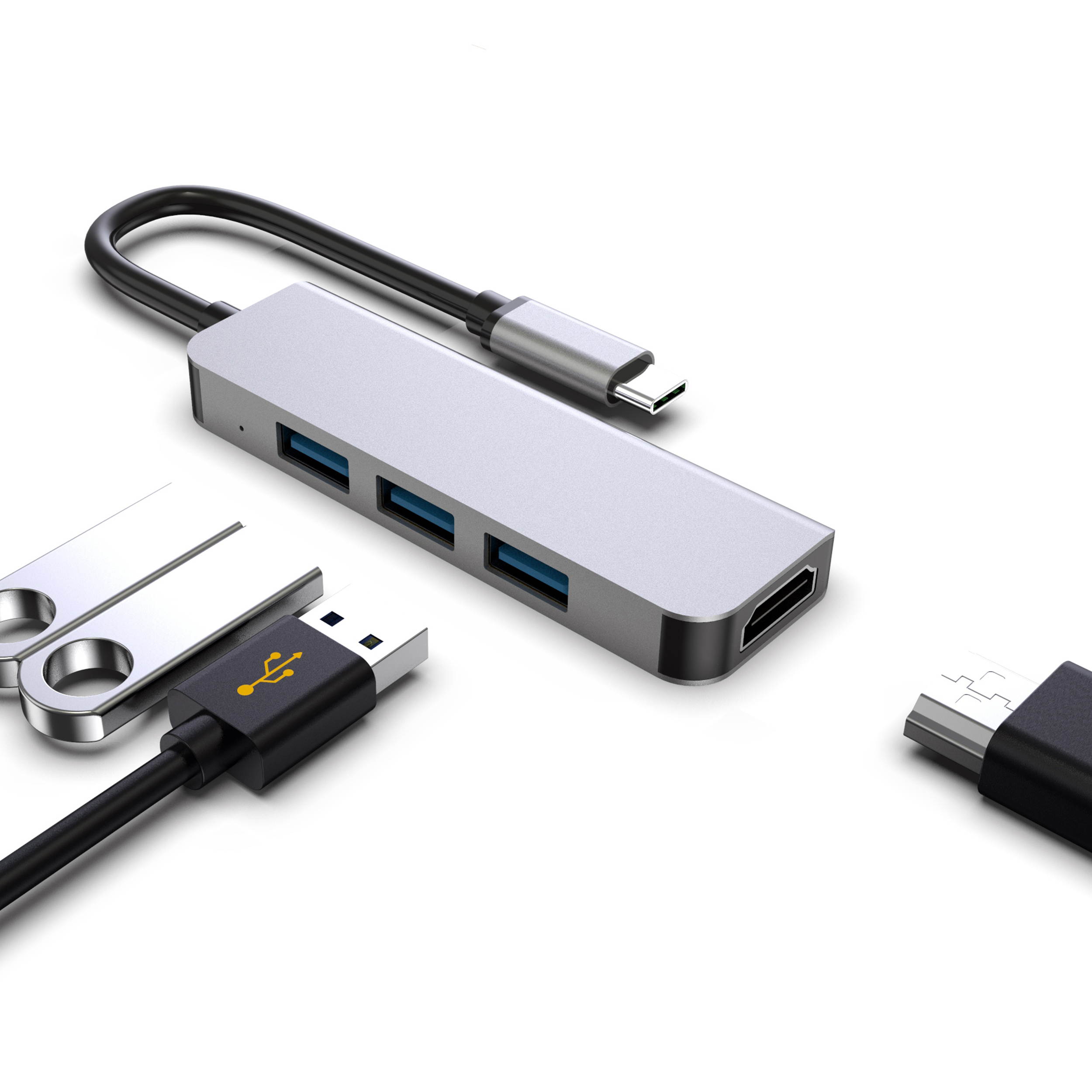 Computer USB converter 4 in 1 hub, HDMI Port Max 4K UHD 3840*2160@30HZ with  3 USB 3.0 Hub Ports up to 5Gbps for data syncing, Suitable for the Mac with TYPE C interface and mouse, card reader,etc.