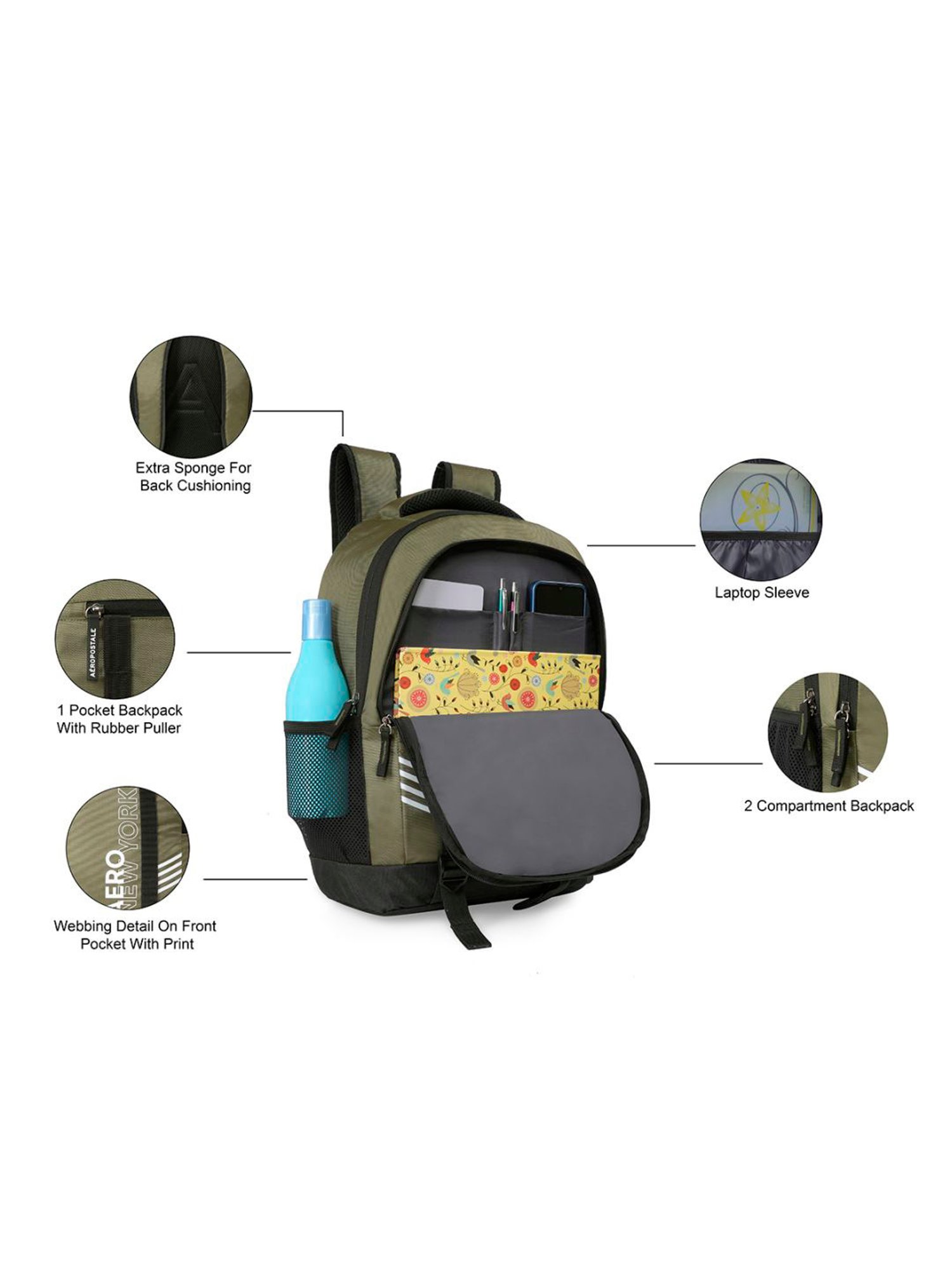 Aeropostale Leighton Olive Green Polyester Printed Backpack - 18 Ltrs