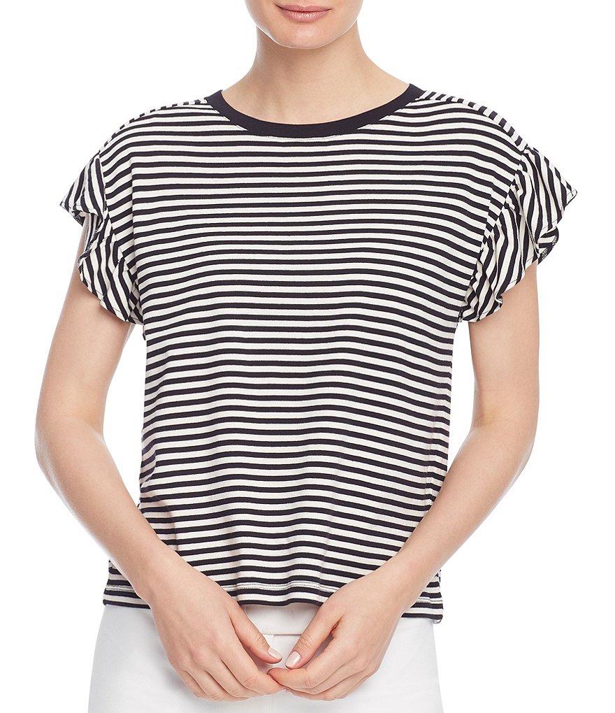 Jones New York Ruffle Cap Sleeve Stripe T-Shirt