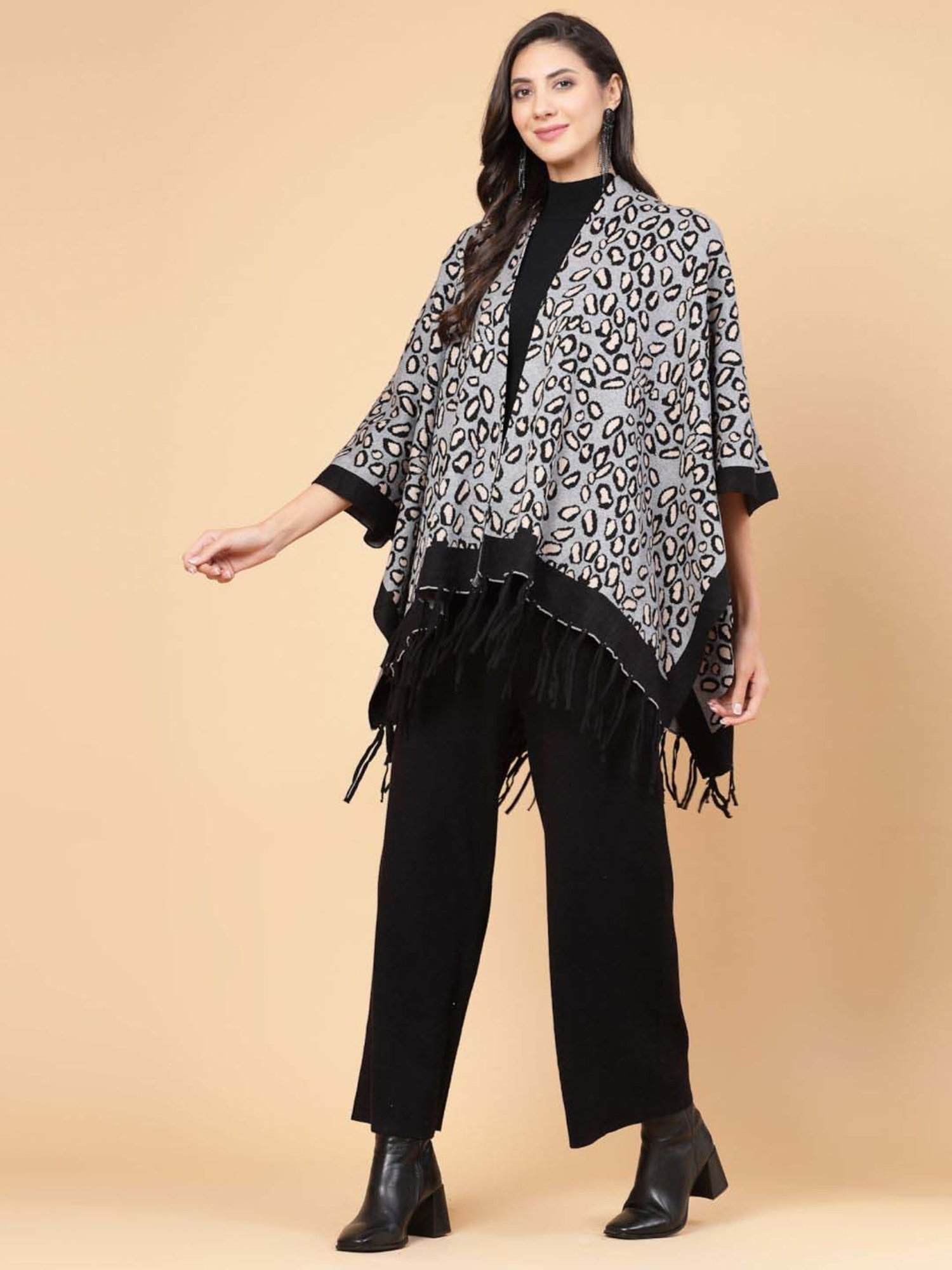 Mafadeny Grey & Black Printed Top Pants Set With Shrug