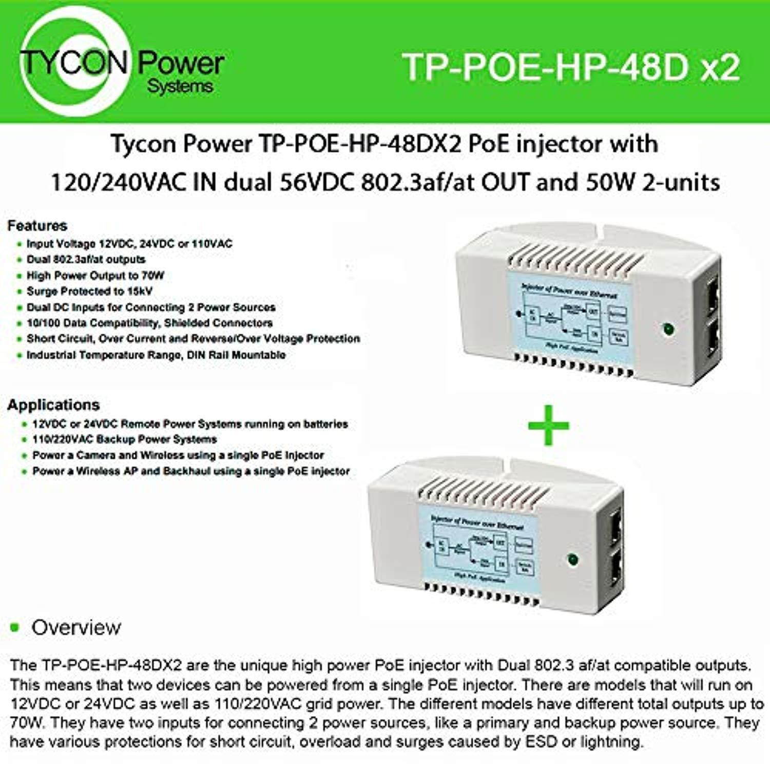 Tycon TP-POE-HP-48DX2 120/240VAC In, Dual 56VDC 802.3af/at Out 50W