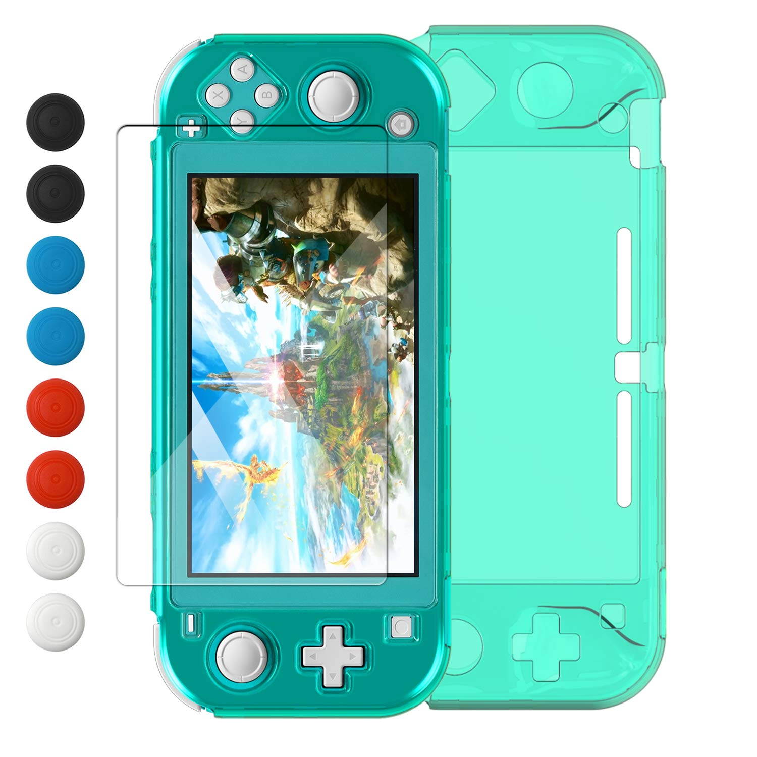 Crystal Clear Cover Case for Switch Lite, Ultra Slim Clear Hard PC Protective Case for Nintendo Switch Lite with a Glass Screen Protector and 8 Thumb Grips Caps (Turquoise)