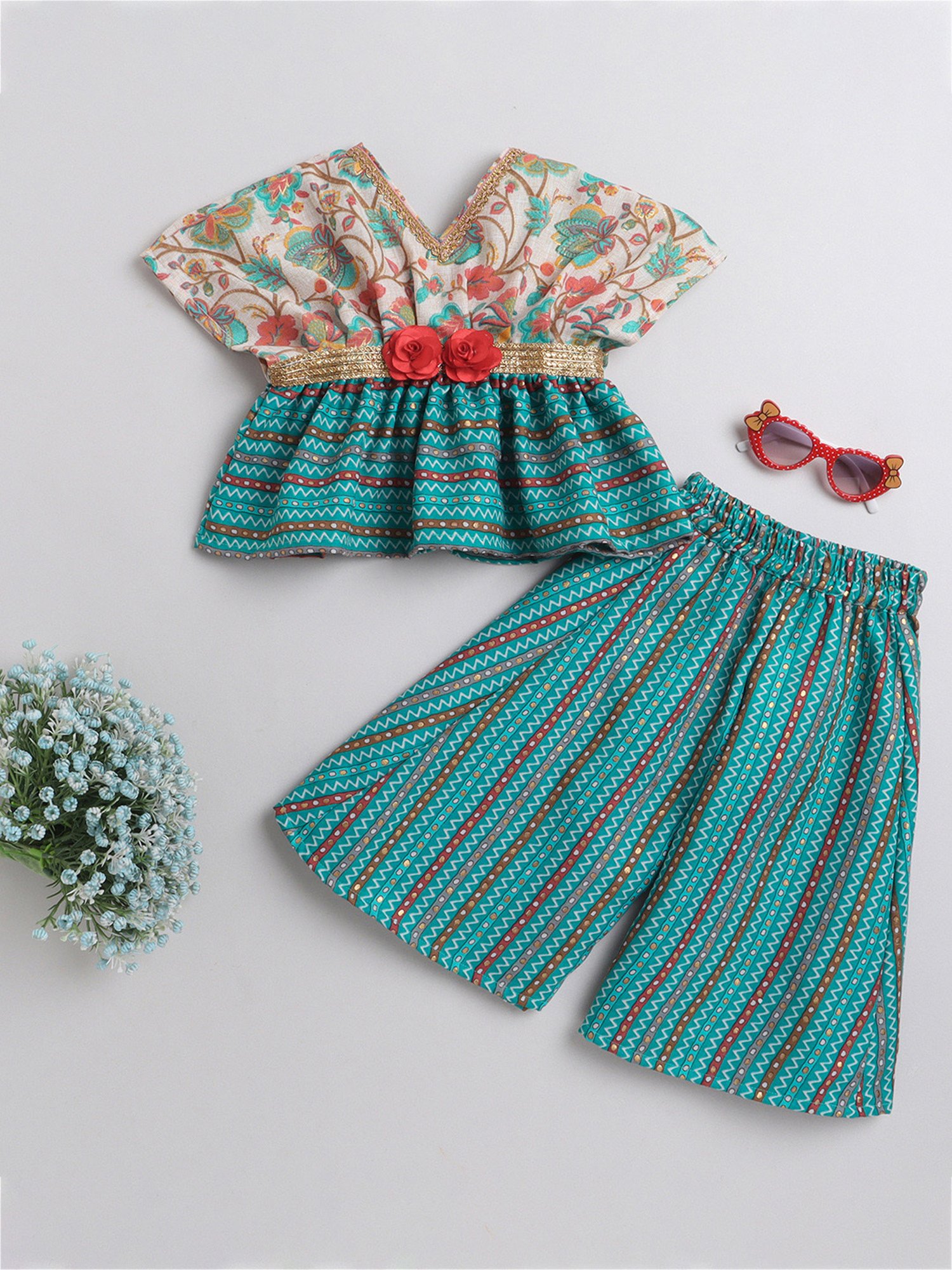 Many Frocks Kids White & Blue Floral Print Top with Plazzos