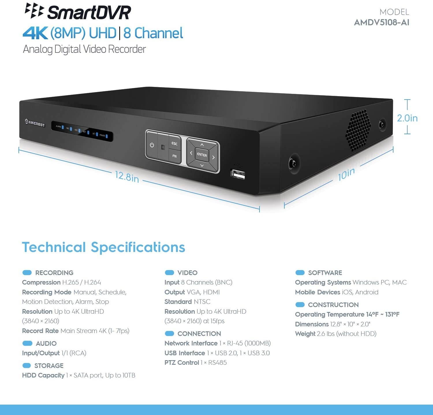 amcrest 4k ultrahd 8 channel ai dvr security camera system recorder, 8mp security dvr for analog security cameras & amcrest ip