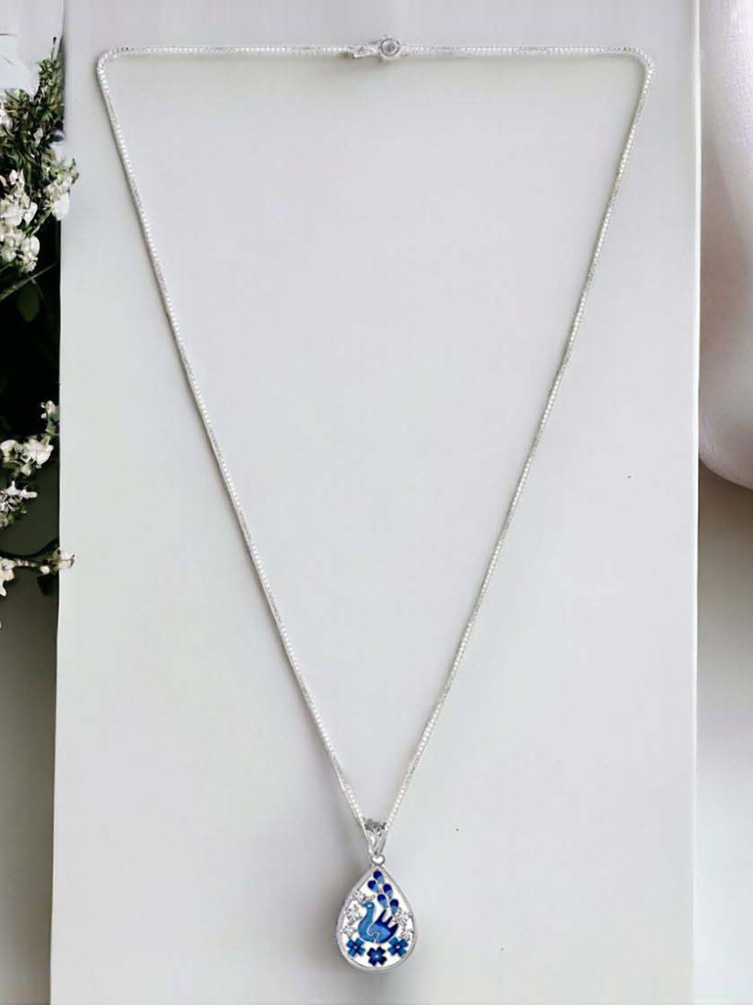 Rihi by P.C. Chandra Jewellers 925 Silver Blue Teardrop Peacock Pendant with Chain for Women & Girls