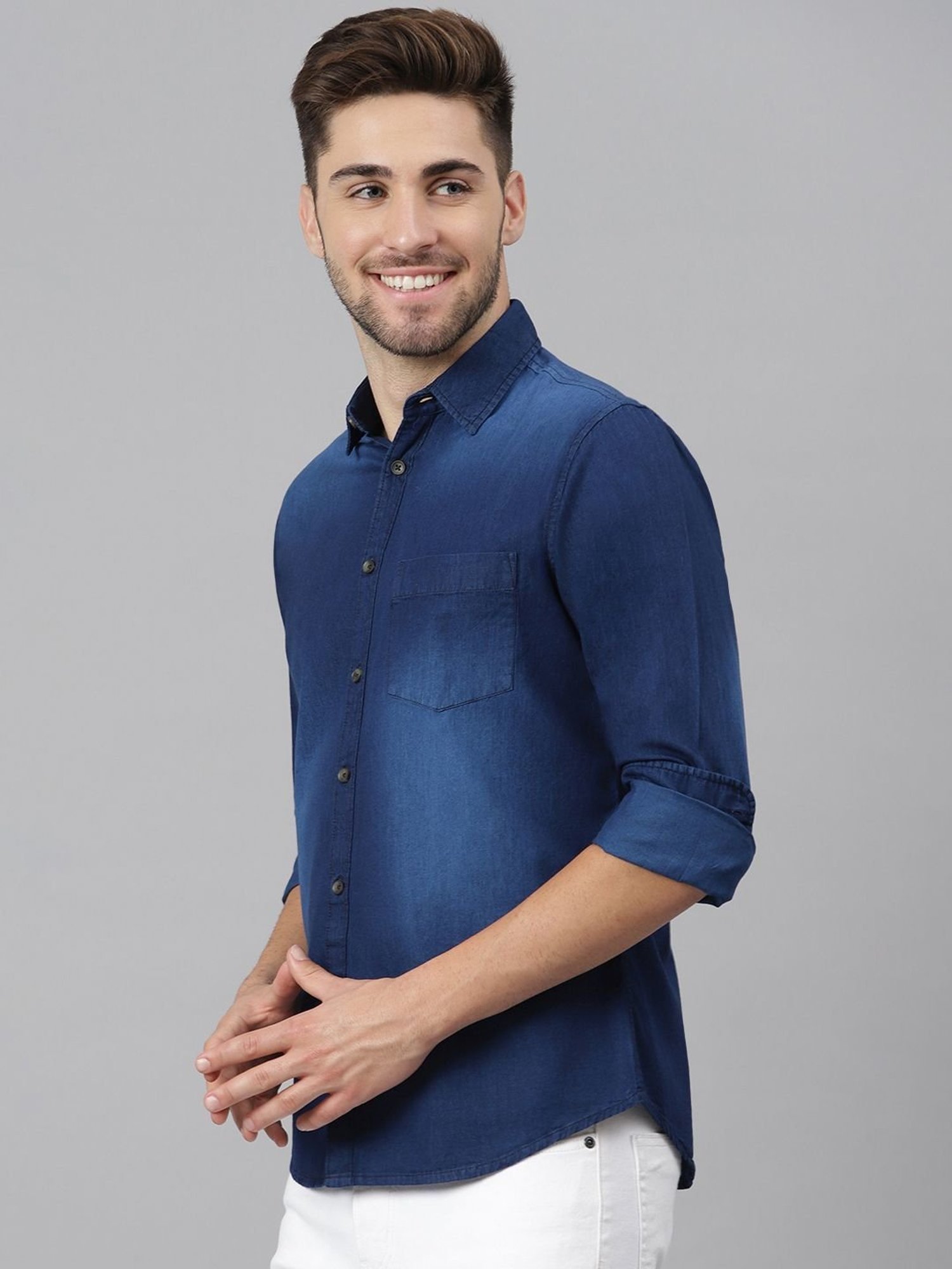 Dennis Lingo Navy Cotton Slim Fit Denim Shirt