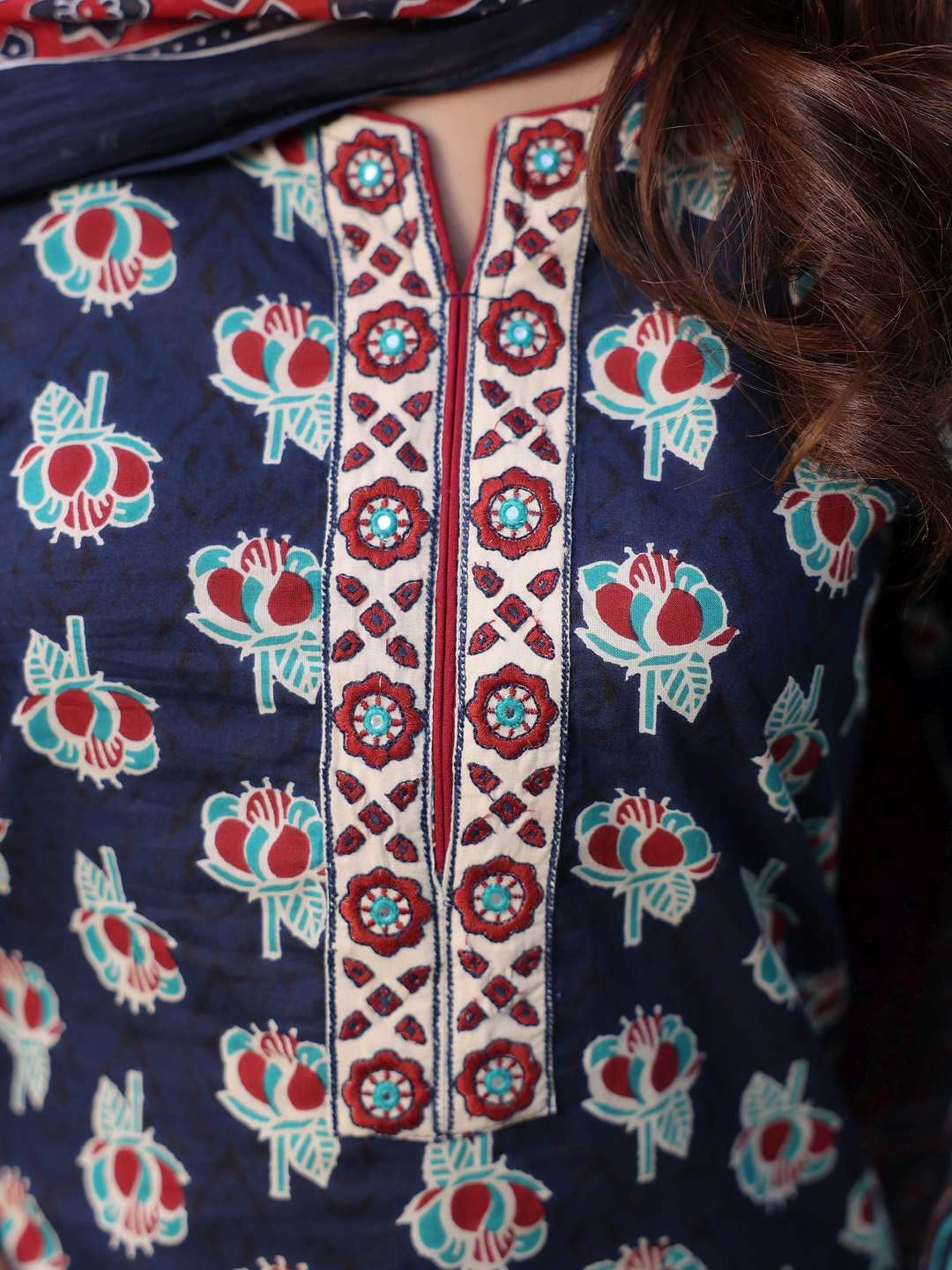 Rain and Rainbow Blue Cotton Embroidered Kurta & Pant Set With Dupatta