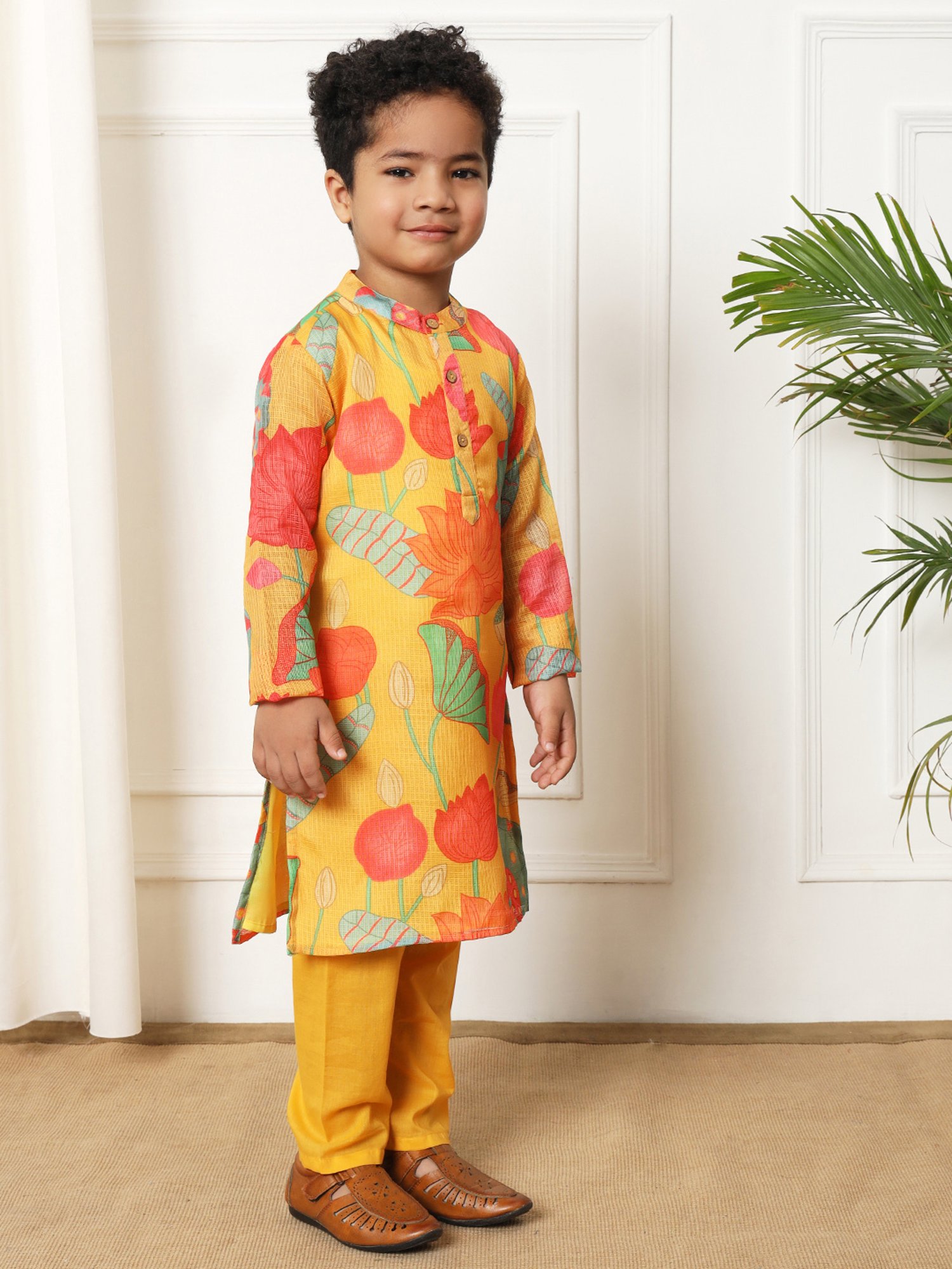 READIPRINT FASHIONS Kids Yellow & Coral Printed Full Sleeves Kurta with Pyjamas