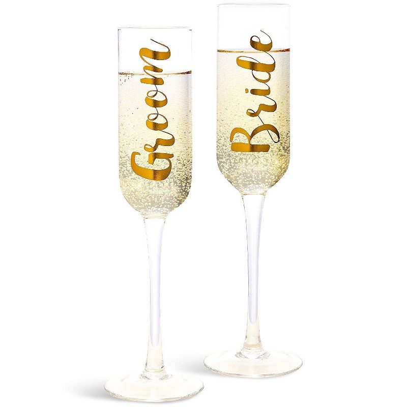 Juvale 2 Pack Gold Glass Groom & Bride Champagne Wedding Flutes Glasses, 8 Ounces
