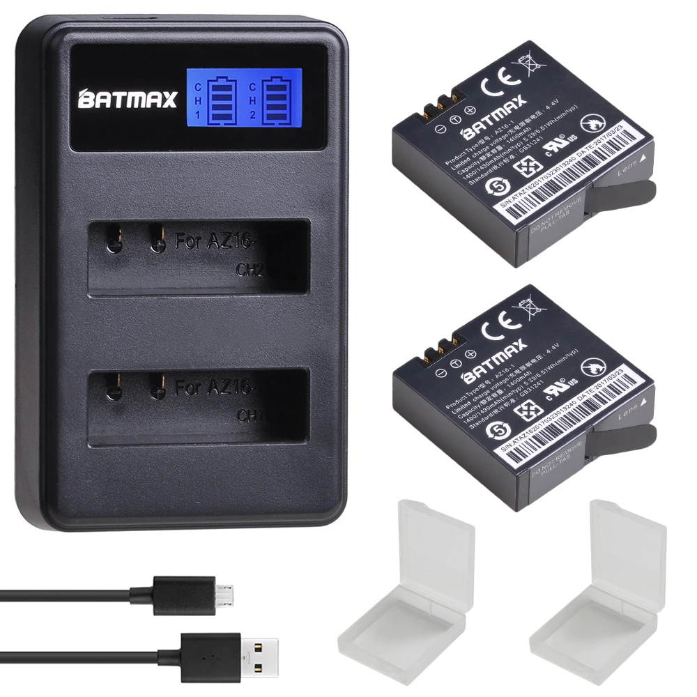 2Pcs 1400mAh AZ16-1 Batteries +LCD Dual USB Charger for Xiaomi Yi 4K Action Sports Camera II 2 Xiaomi Yi Accessories