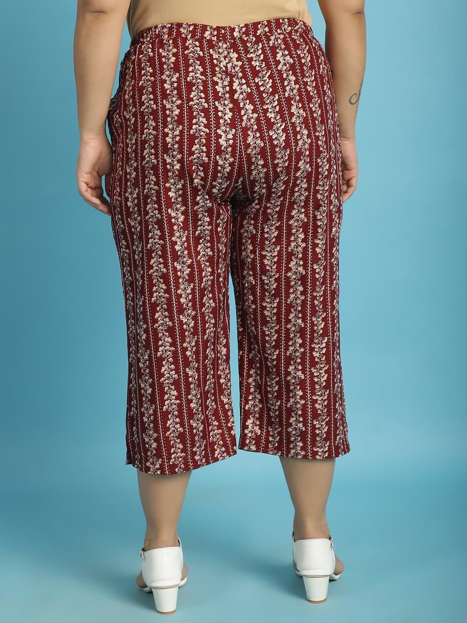 theRebelinme Maroon Floral Print High Rise Capris