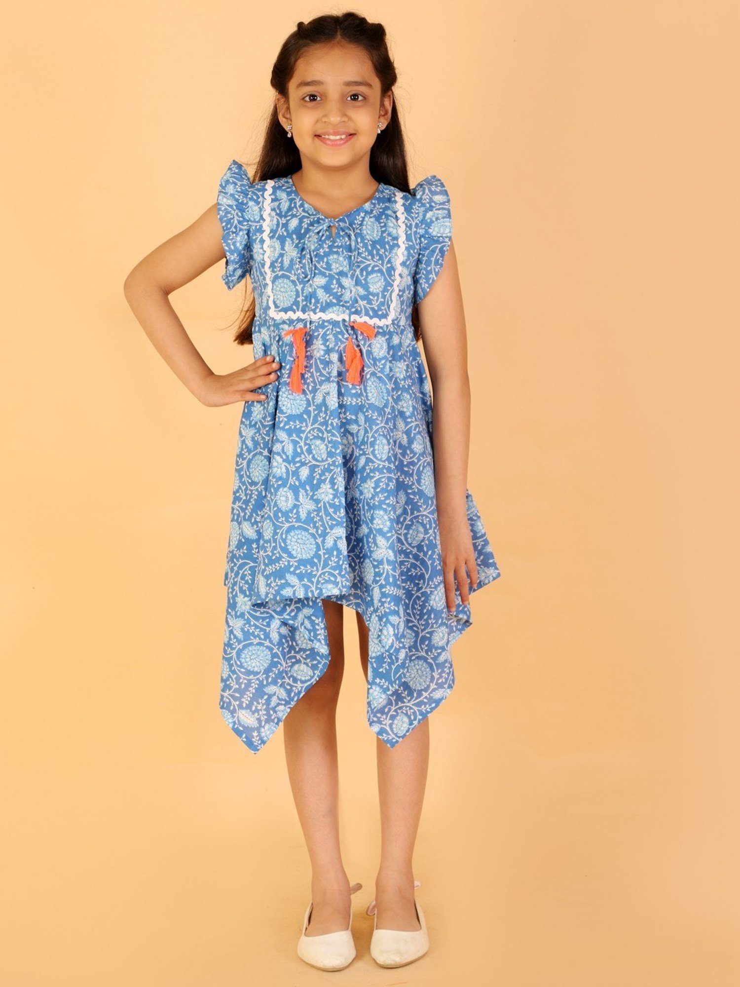 Lil Drama Kids Blue Cotton Floral Print Dress