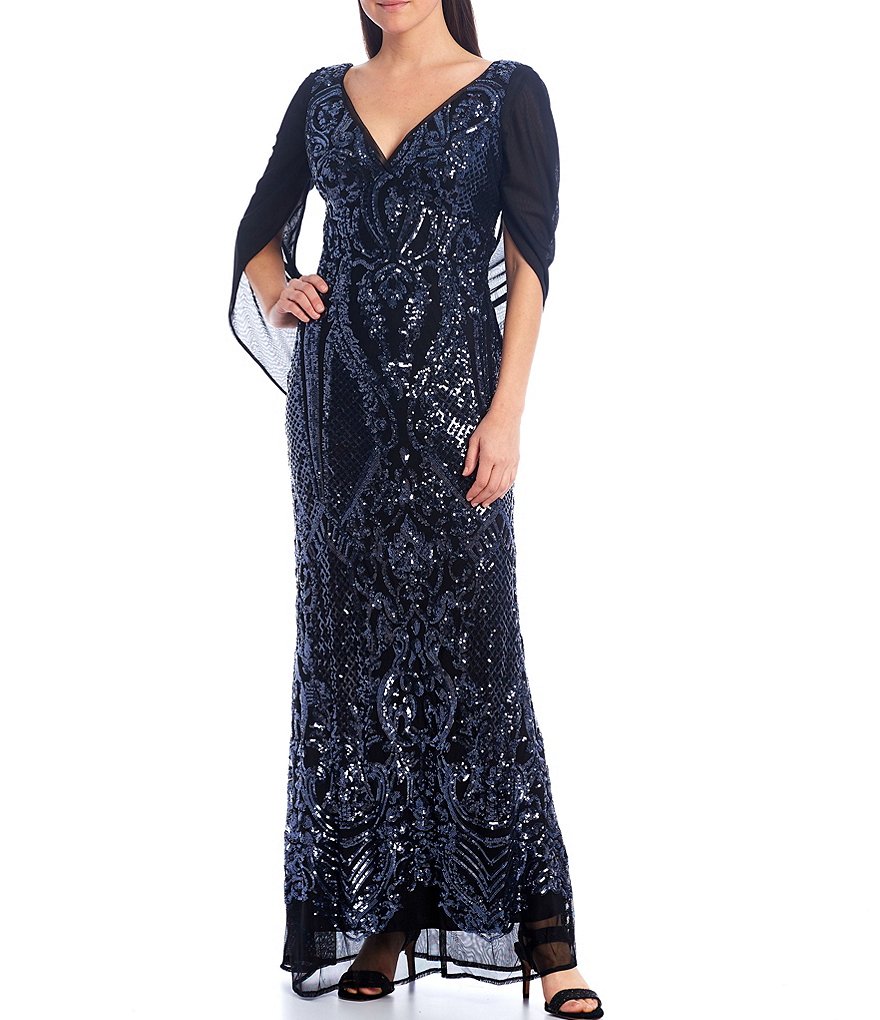 R & M Richards Drape Back Beaded Stretch Mesh Gown