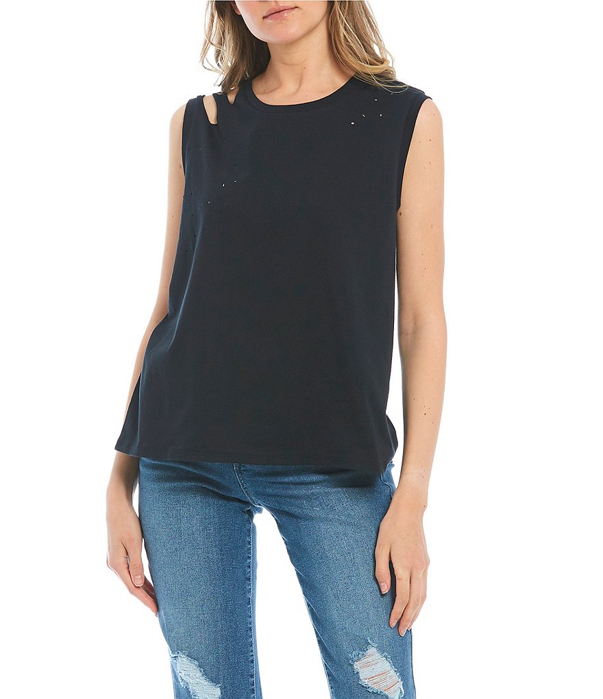 Frayed Reed Distressed Sleeveless Knit Tee