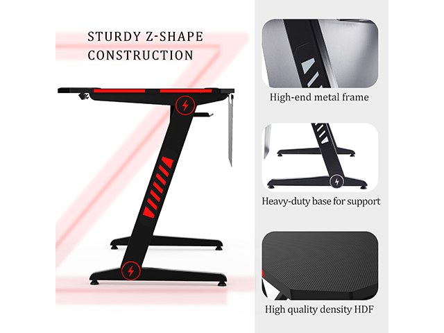 Gaming Desk Plus Z-Shaped Computer Desk Gamer Workstation Home Office PC Computer Gamer Desks RGB LED Lights with Headphone Hook,GT29