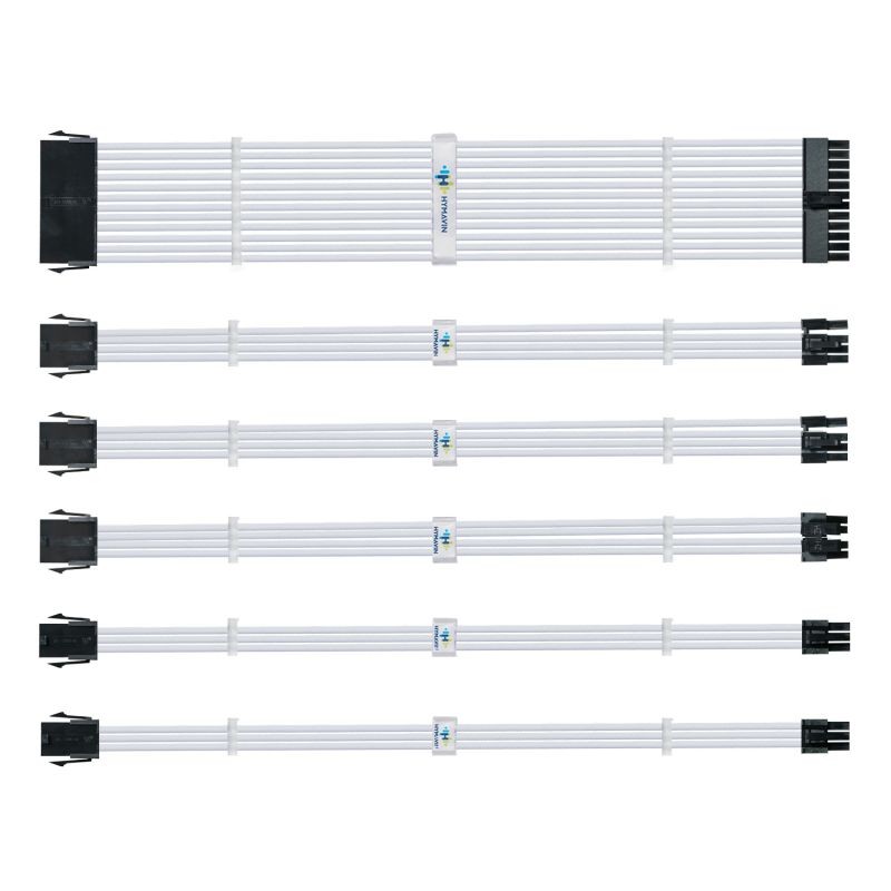 PSU Extension cable,HYMAVIN PSU Sleeved Cable, 16AWG White Braided ATX EPS PCI-E Extension Cable Kit with Combs for CPU GPU Power Supply Unit 30CM,4 + 4 pin, 6 + 2 pin, 24 pin ATX extension,White