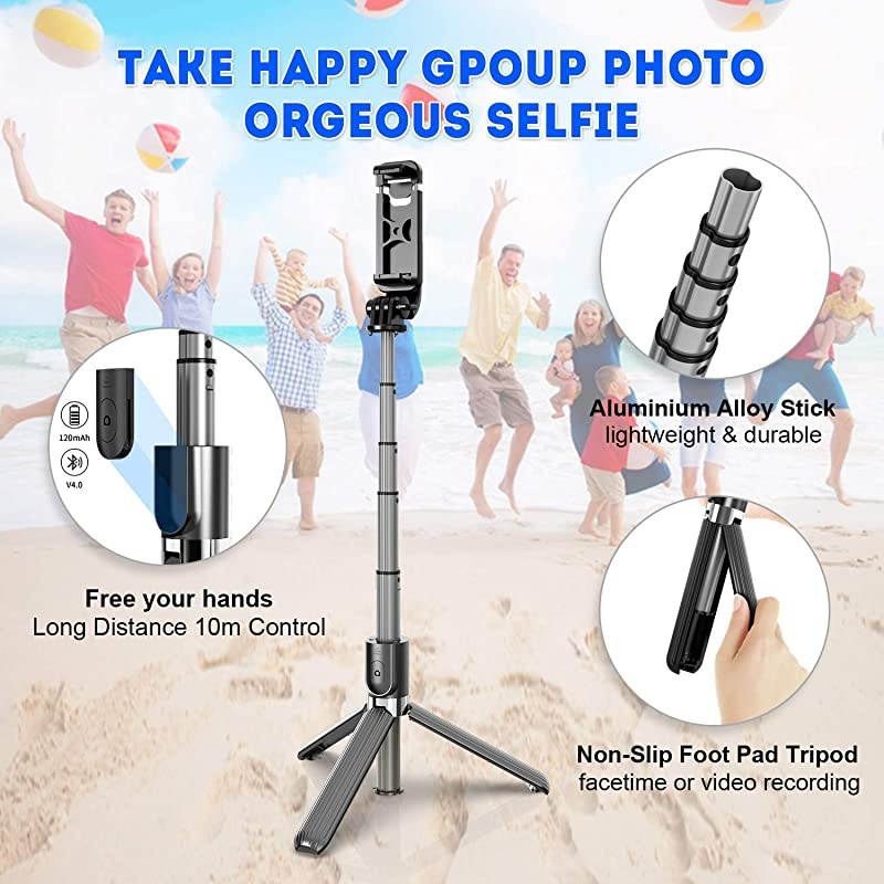 Bluetooth Selfie Stick Tripod Extendable Aluminum Tripod Stand with Wireless Remote 360&deg; Rotation Selfie Stick for iPhone 1111 Pro MaxXS MaxXSXRX87 Android Phone and Sports Camera GoPro