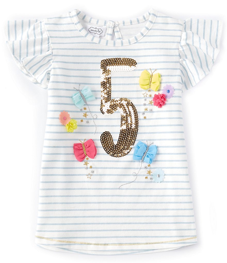Mud Pie Little Girls 5T Flutter-Sleeve Fifth Birthday Striped Tee