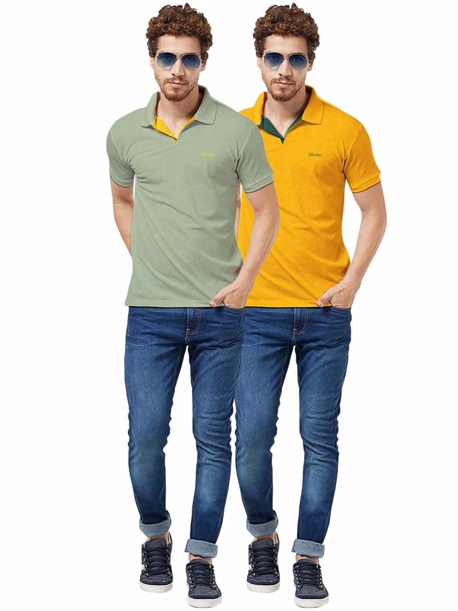 Tab91 Sage & Yellow Regular Fit Printed Polo T-Shirts
