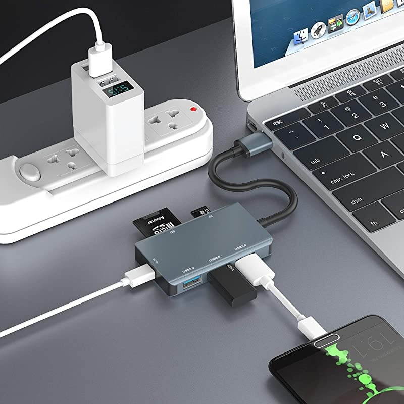 SD Card Reader,  USB 3.0 Card Reader with 3 USB 3.0 Ports + SD & TF Card Slots,5Gbps USB Hub Adapter for MacBook Pro/Air,Computer/Laptop,Windows,iMac,USB Flash Drive,Mobile HDD and More
